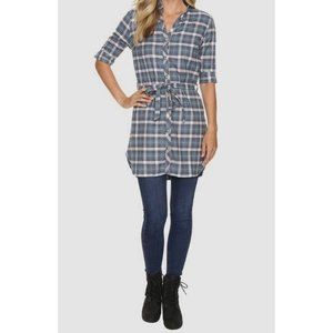 Fig Plaid Flannel Shirt Dress Women Large Belted Tunic‎ Blue Gray V-Neck